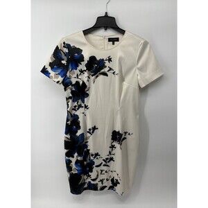 ST. JOHN Floral Silk Lined Satin Sheath Dress Size 10 White/Blue/Black